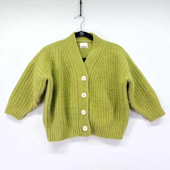 babaà No.22 Cardigan 100% Eco Wool Ribbed Knit Green Button Front Sweater - Picture 10 of 14